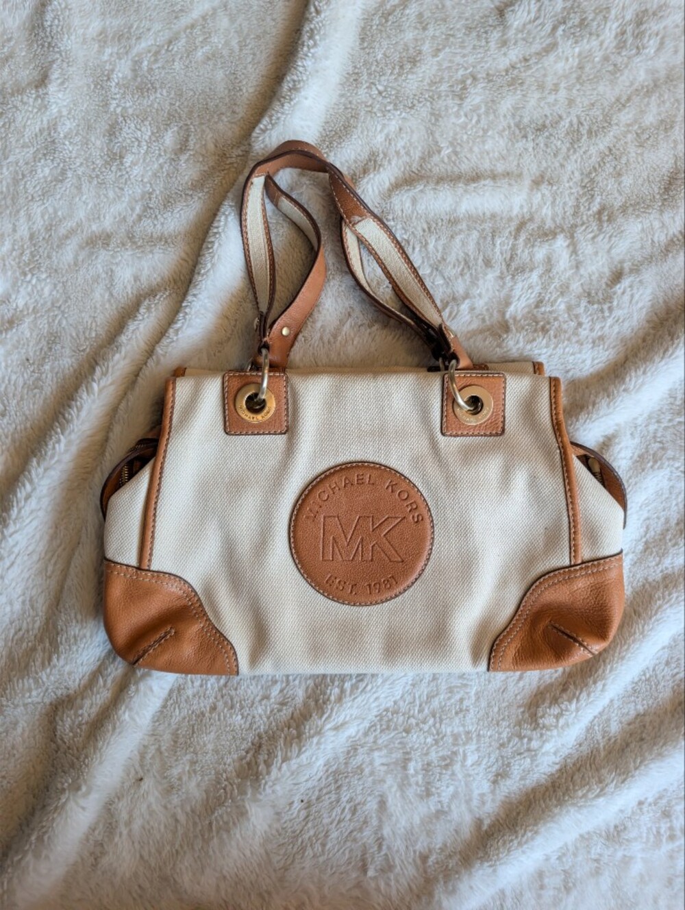 Michael Kors Vintage Y2K Cream and Tan Canvas Shoulder Bag